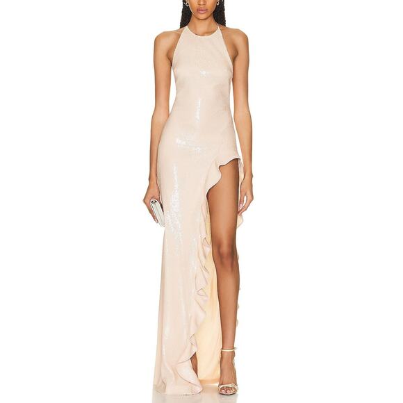 David Koma 'Ruffle' Tan Open Leg Sequin Gown Size 2 - NWT - Picture 1 of 7